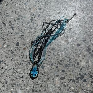 Necklace Blue Black Ribbon Necklace Glass Flower Teardrop Pendant Y2K Vintage